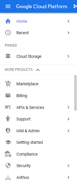 Hauptmenü der Cloud Console mit APIs und Dienste.