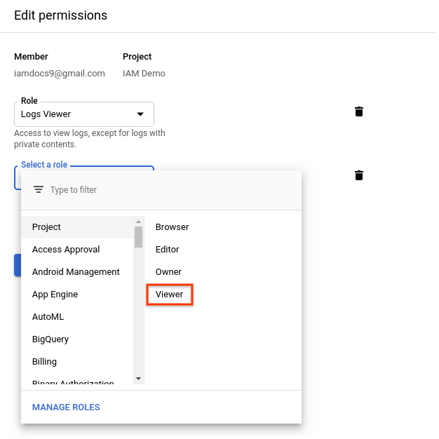 Panel edit izin, yang menampilkan opsi peran.