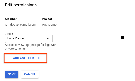 Edit permissions pane, showing the Add another role option.