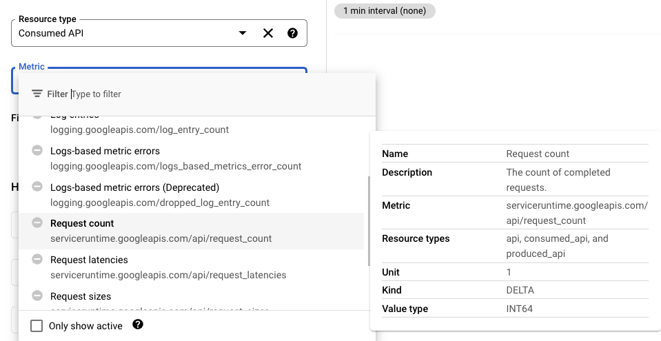 Metrics Explorer معیارهای APIهای مصرف‌شده را برای تعداد درخواست نشان می‌دهد.