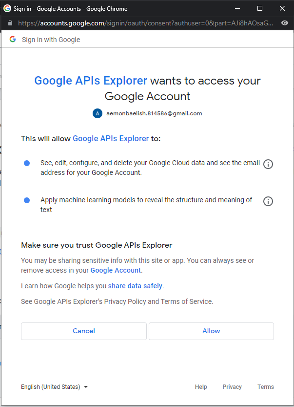 OAuth 2.0 সতর্কতা যে Google APIs এক্সপ্লোরার আপনার Google অ্যাকাউন্টে অ্যাক্সেস চায়৷