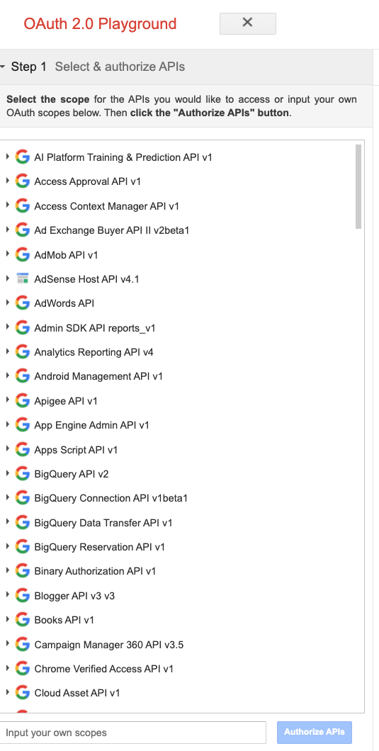 OAuth 2.0 খেলার মাঠ আপনি চেষ্টা করতে পারেন এমন APIগুলির একটি তালিকা দেখাচ্ছে৷