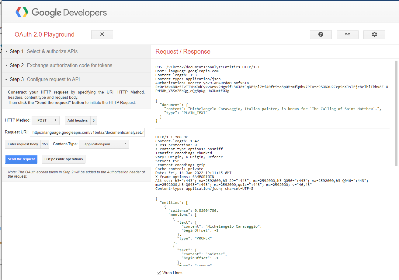 OAuth 2.0 Request/Response pane after posting the request.