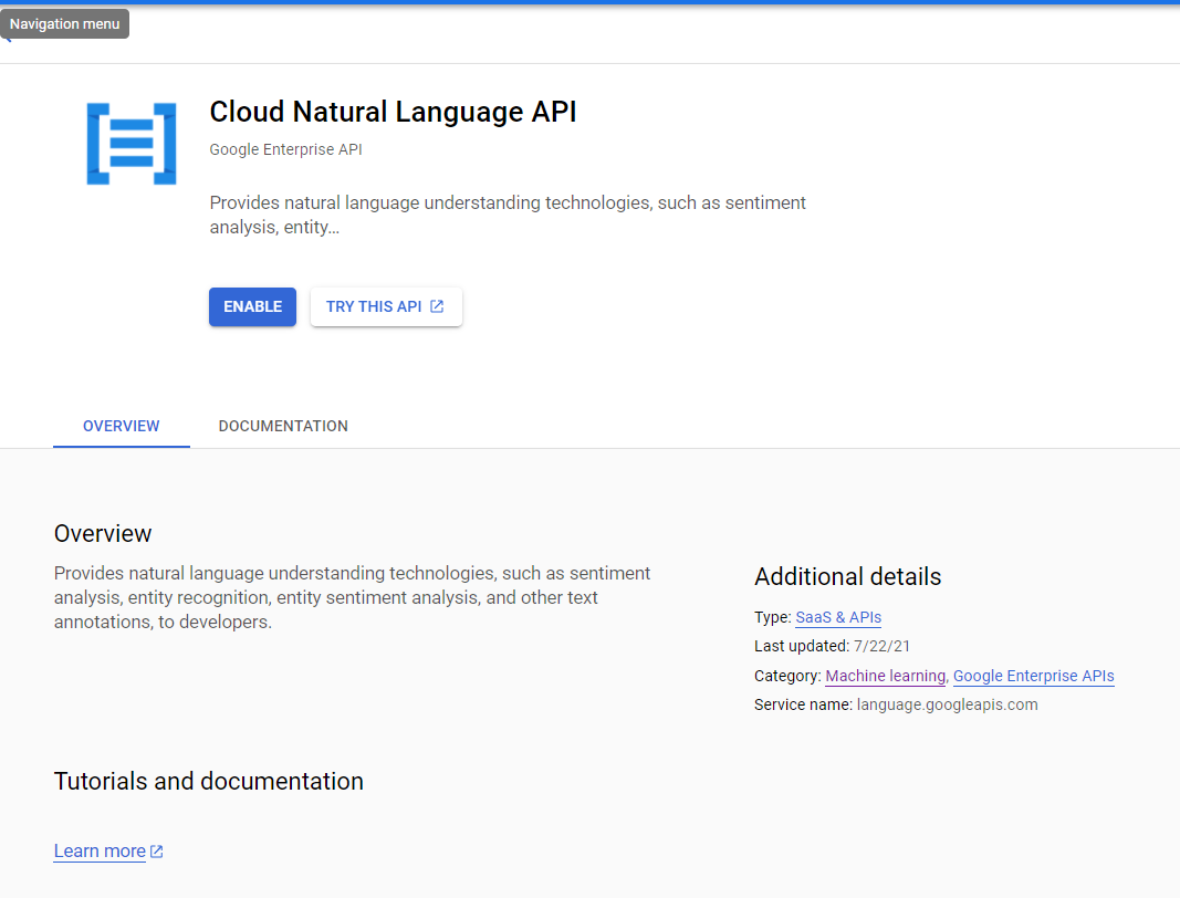 صفحه Cloud Natural Language API که دکمه‌های ENABLE و TRY THIS API را نشان می‌دهد.