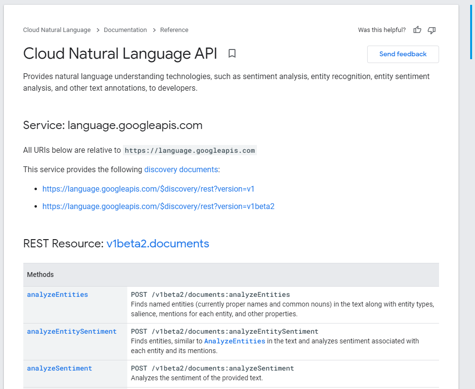 صفحه مرجع Cloud Natural Language API.