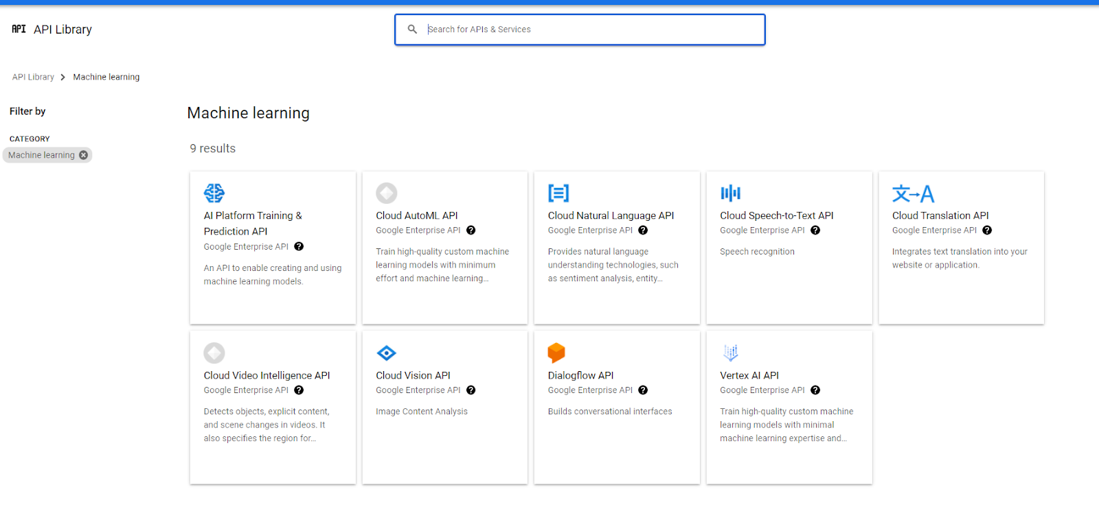 API отфильтрованы по КАТЕГОРИИ, чтобы отображались только API машинного обучения.