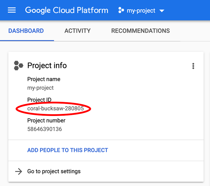 Projektinfobereich des Cloud Console-Dashboards.