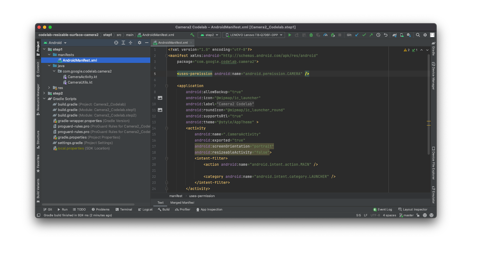 Captura de pantalla de Android Studio mostrando el código que se relaciona con este codelab