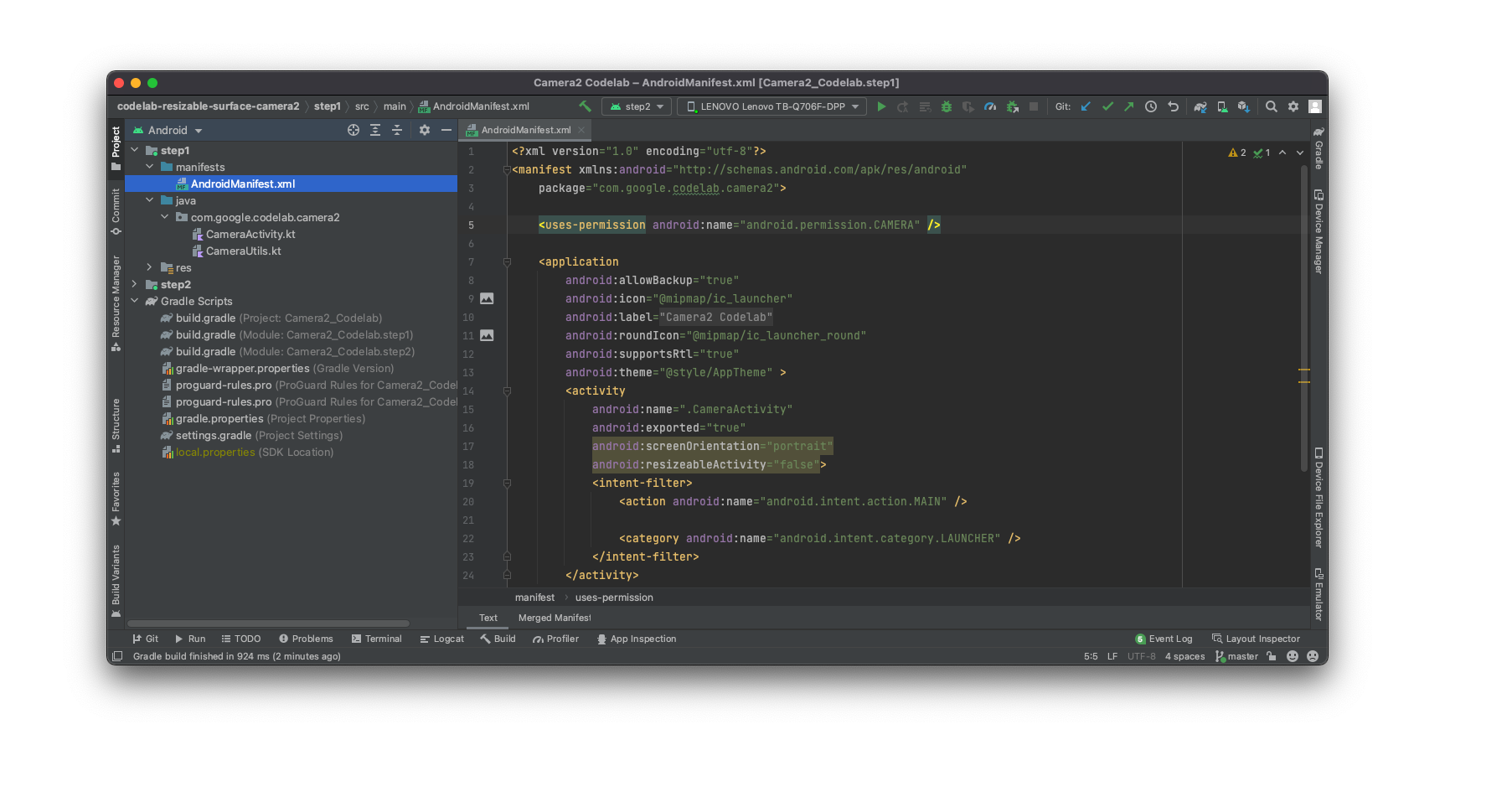 Screenshot von Android Studio mit dem Code für dieses Codelab