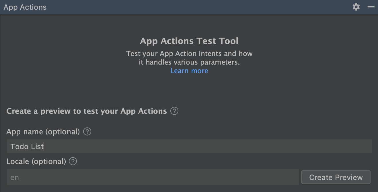 Vorschaubereich für das App Actions-Testtool.