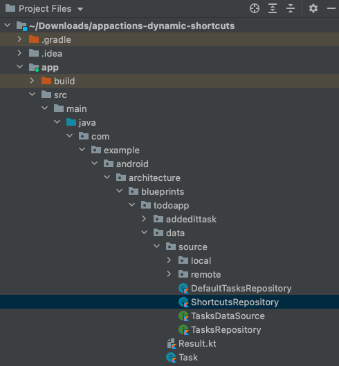 Ventana de Android Studio que muestra la ubicación de la clase ShortcutsRepository.