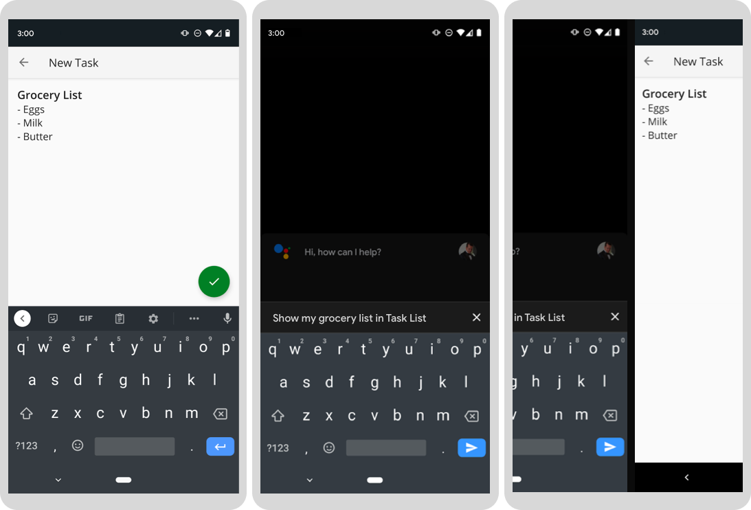 三個逐步畫面，顯示 Google 助理啟動動態捷徑。
