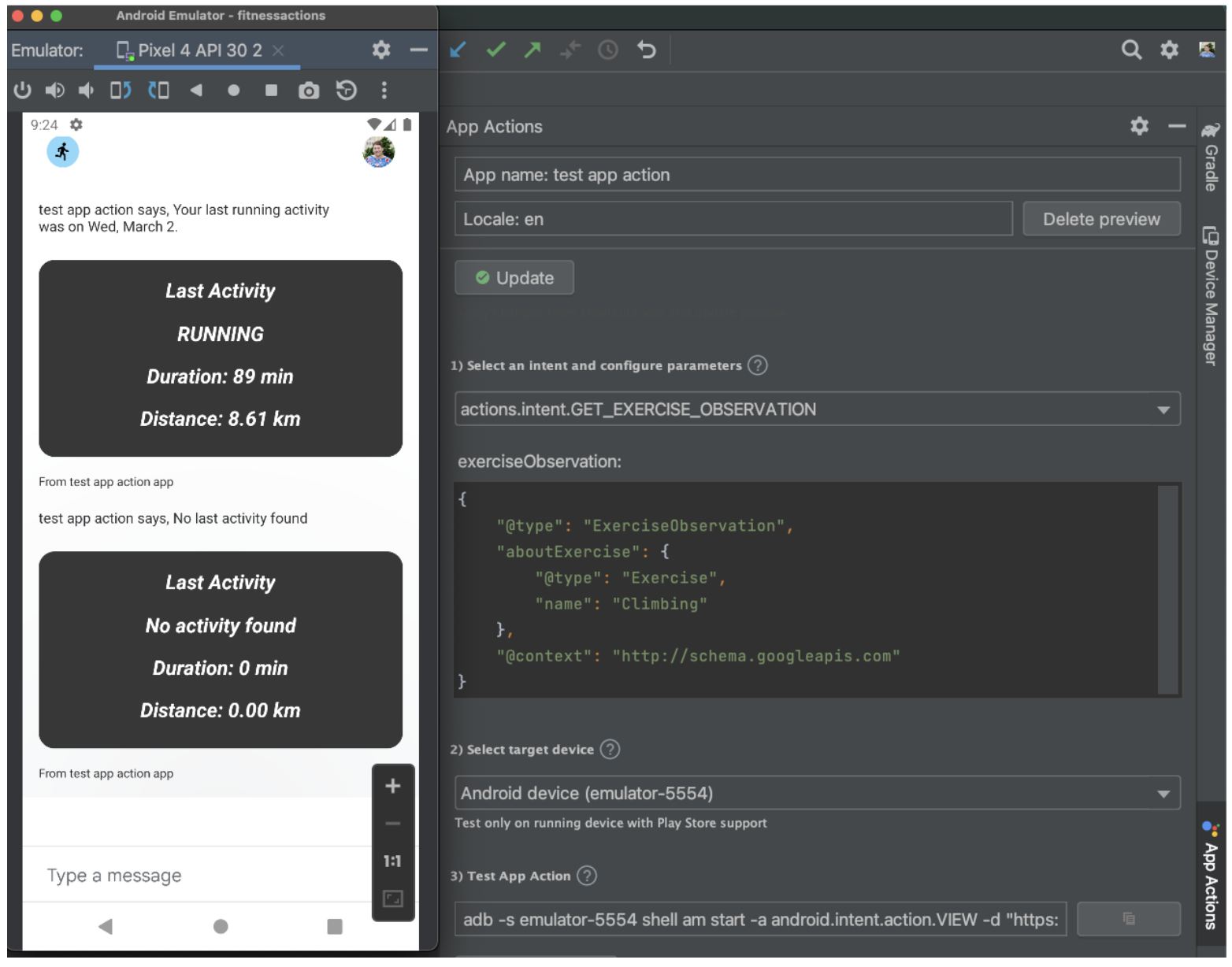 Google アシスタント プラグインを使って返されたウィジェットに、エクササイズ情報がない旨が表示されている画面。