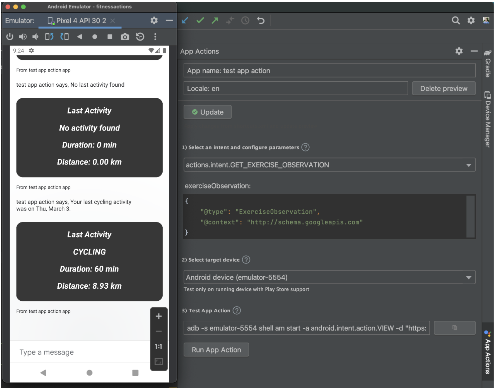 Layar menunjukkan widget yang menampilkan aktivitas yang terakhir dicatat, menggunakan plugin Asisten Google.