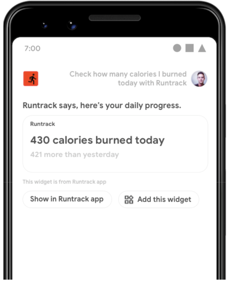 Layar yang menunjukkan Asisten menampilkan widget sebagai respons terhadap\nkueri pengguna yang memicu kemampuan BII GET_EXERCISE_OBSERVATION aplikasi.