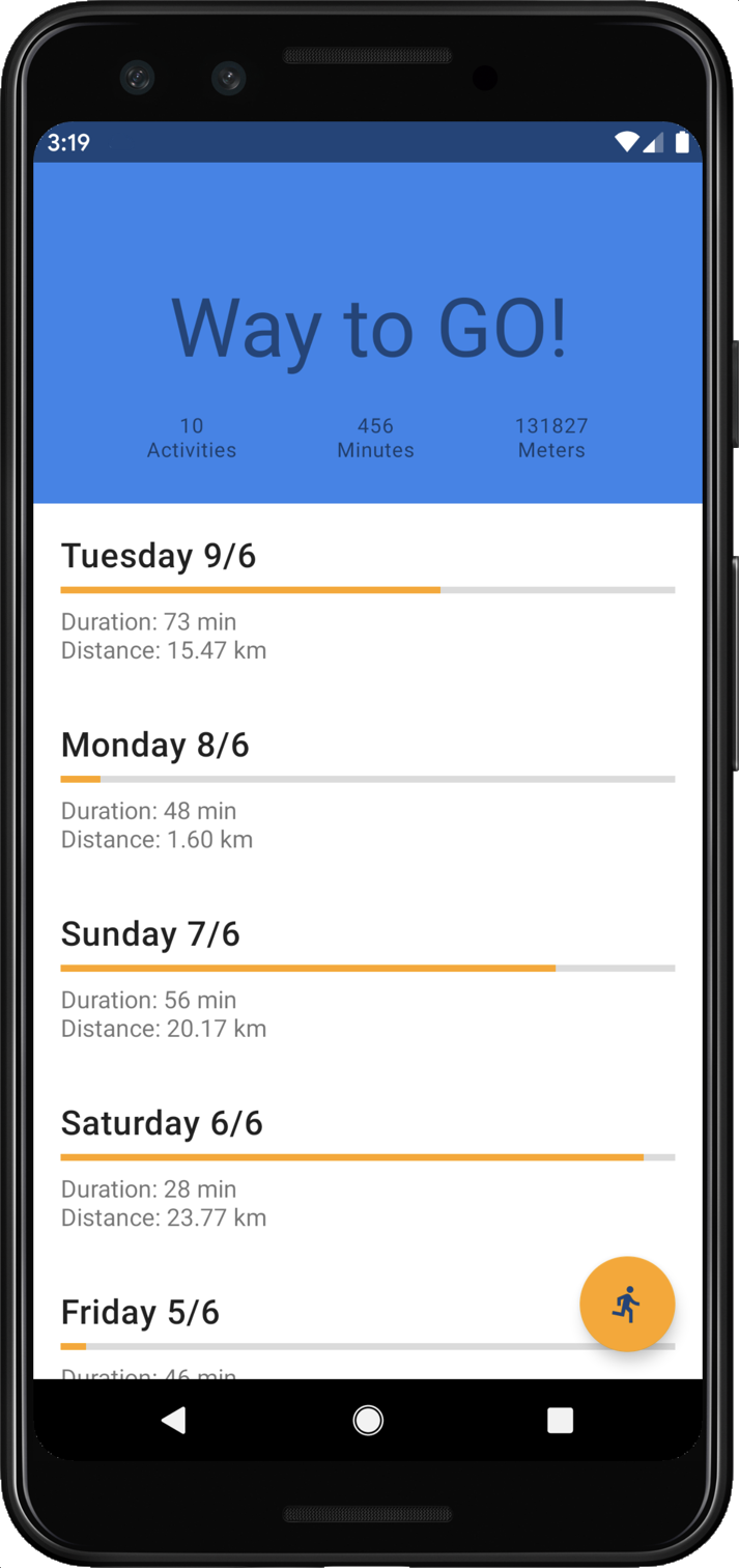 手機開啟 Fit Actions 應用程式並顯示運動統計資料。