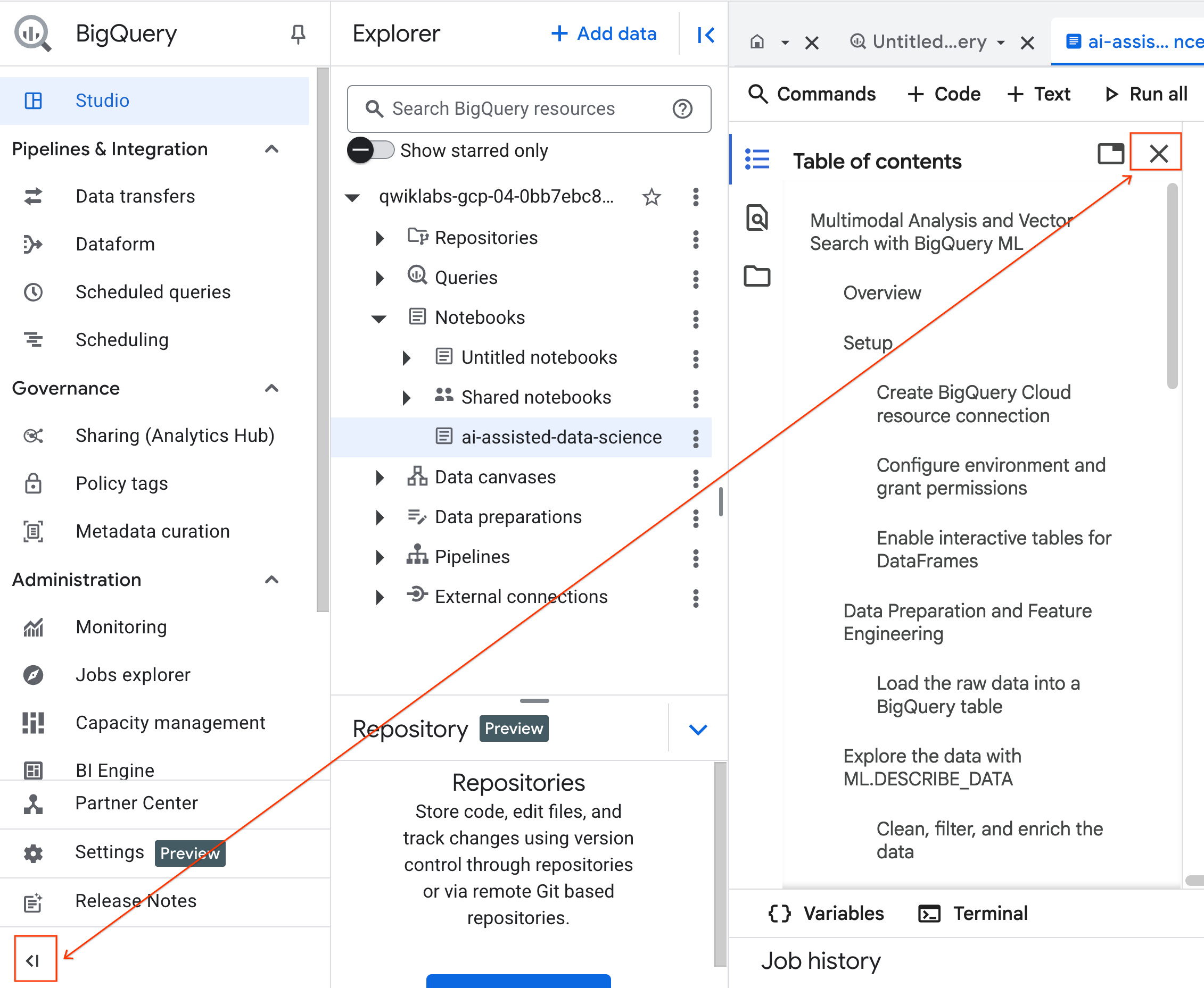 ペインを折りたたむ