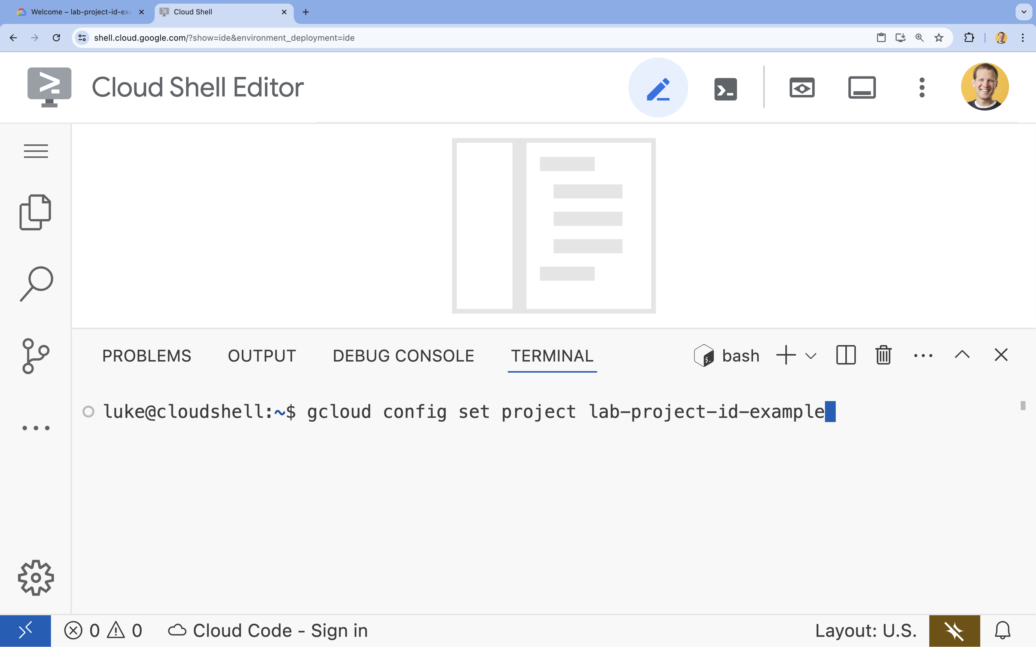 Definir o ID do projeto no terminal do Editor do Cloud Shell