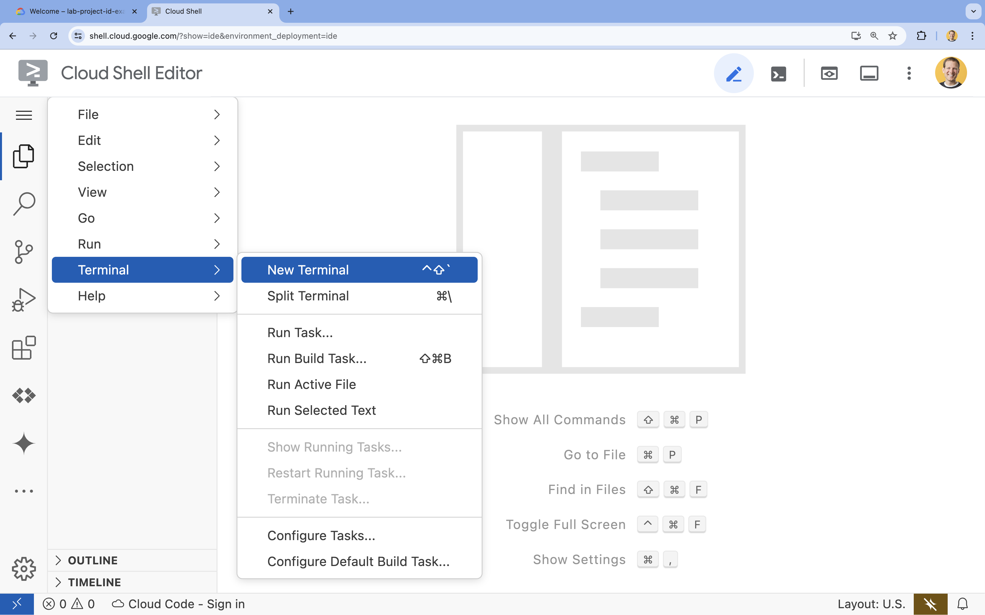 Apri un nuovo terminale nell'editor di Cloud Shell