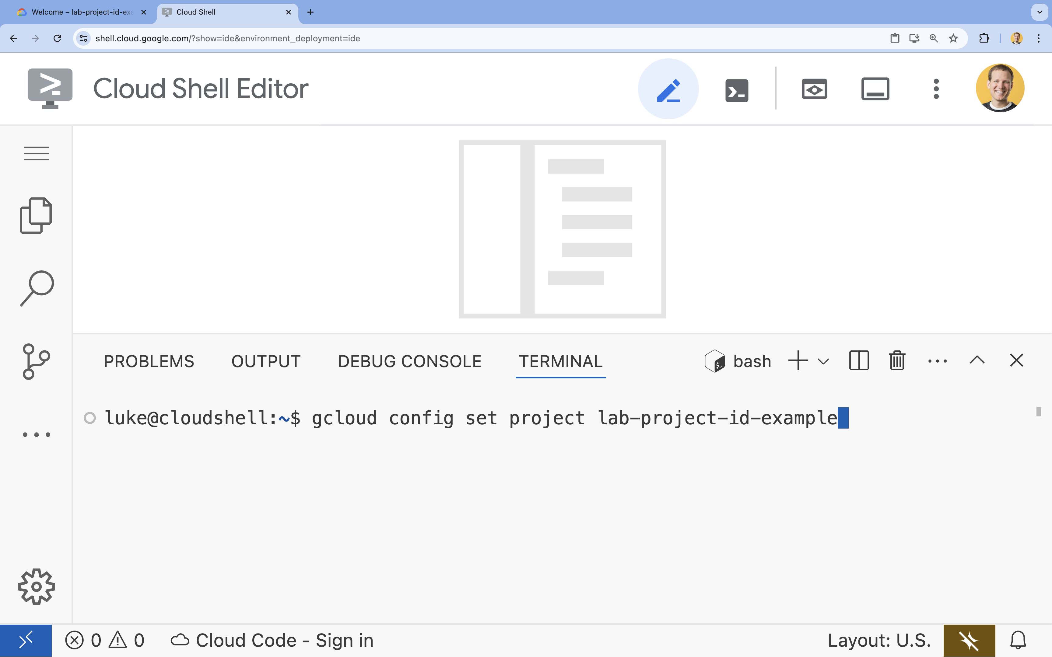 ضبط رقم تعريف المشروع في نافذة Cloud Shell Editor