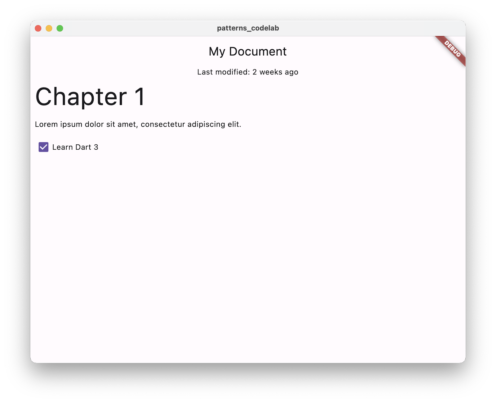 この Codelab で作成するアプリケーションの最終版、タイトル付きのドキュメント、最終更新日、ヘッダー、パラグラフ。