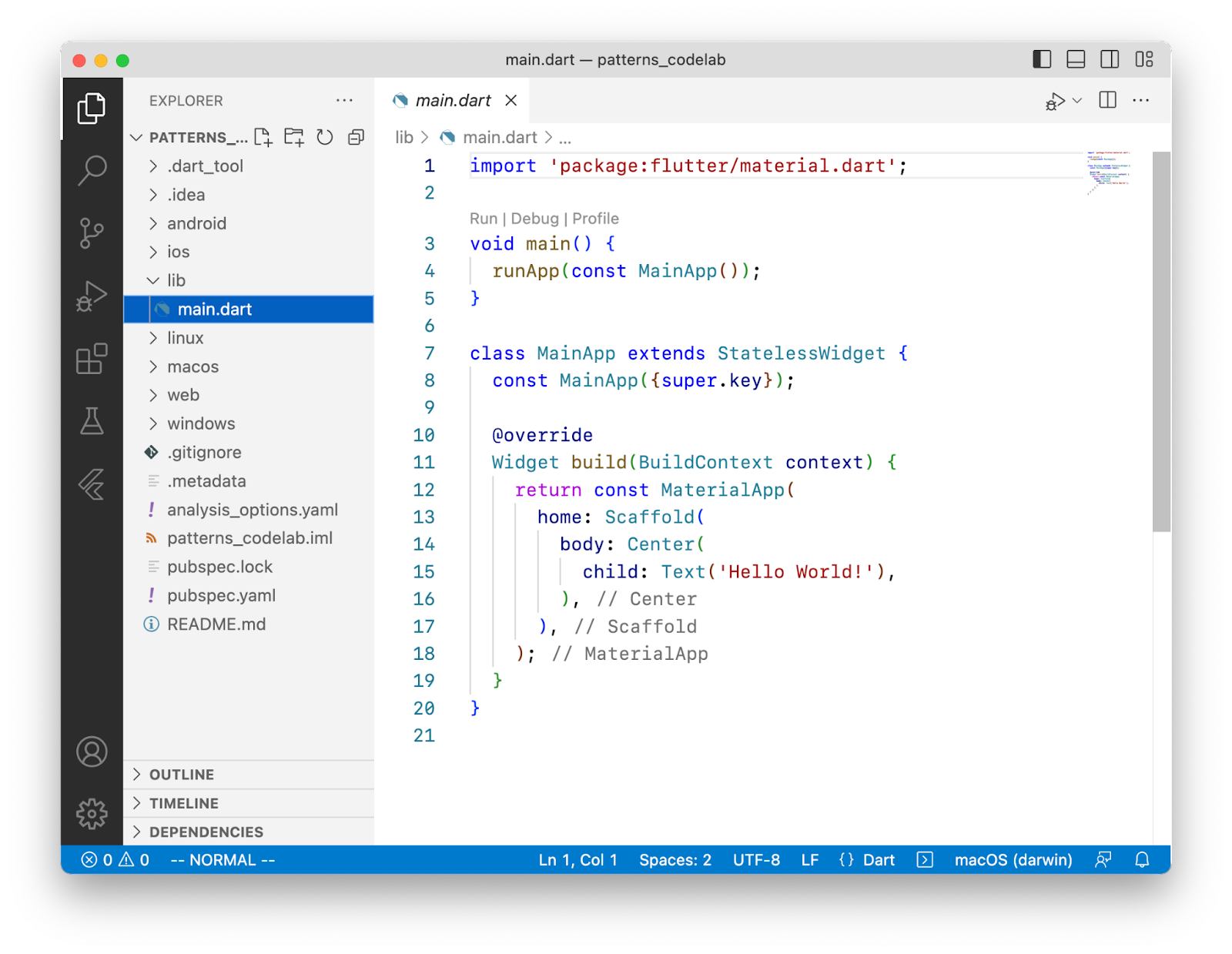 Uno screenshot di VS Code che mostra il progetto creato con &quot;flutter create&quot; .