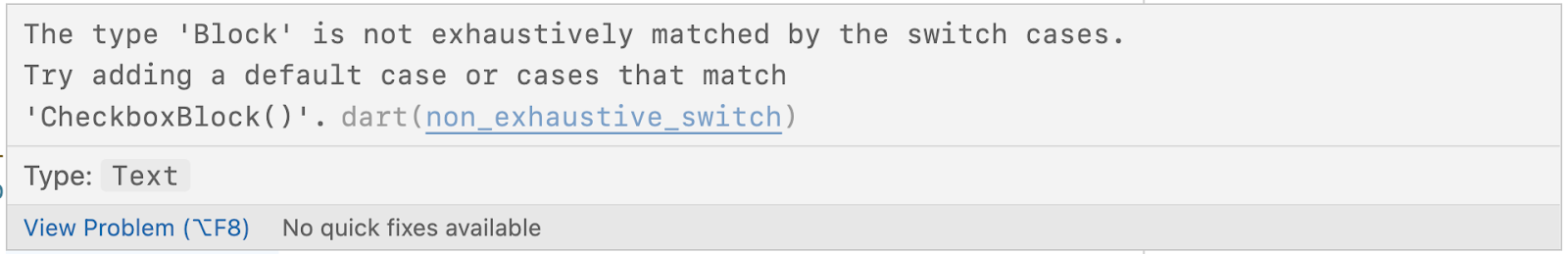 Uma captura de tela do VS Code que avisa que nem todos os casos são verificados exaustivamente.