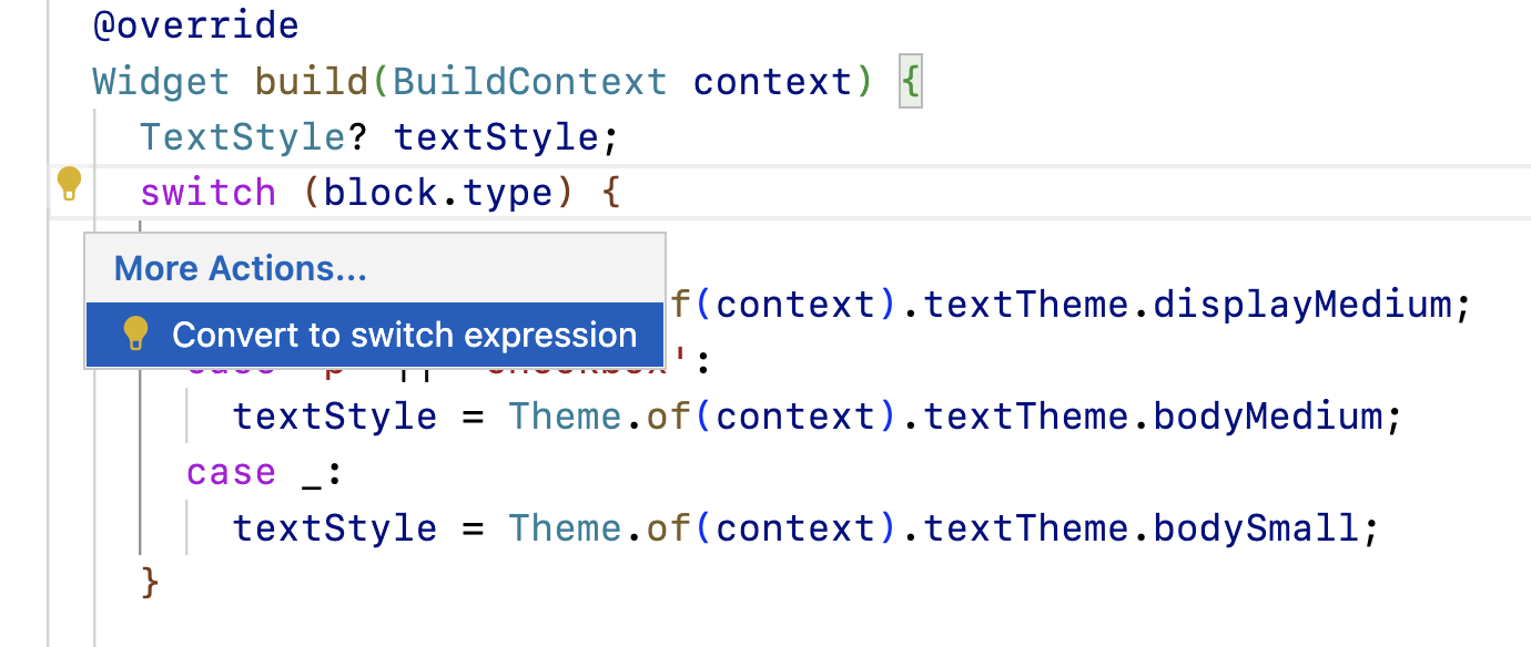 Capture d'écran de l'option assistée permettant la conversion en expression switch dans VS Code.