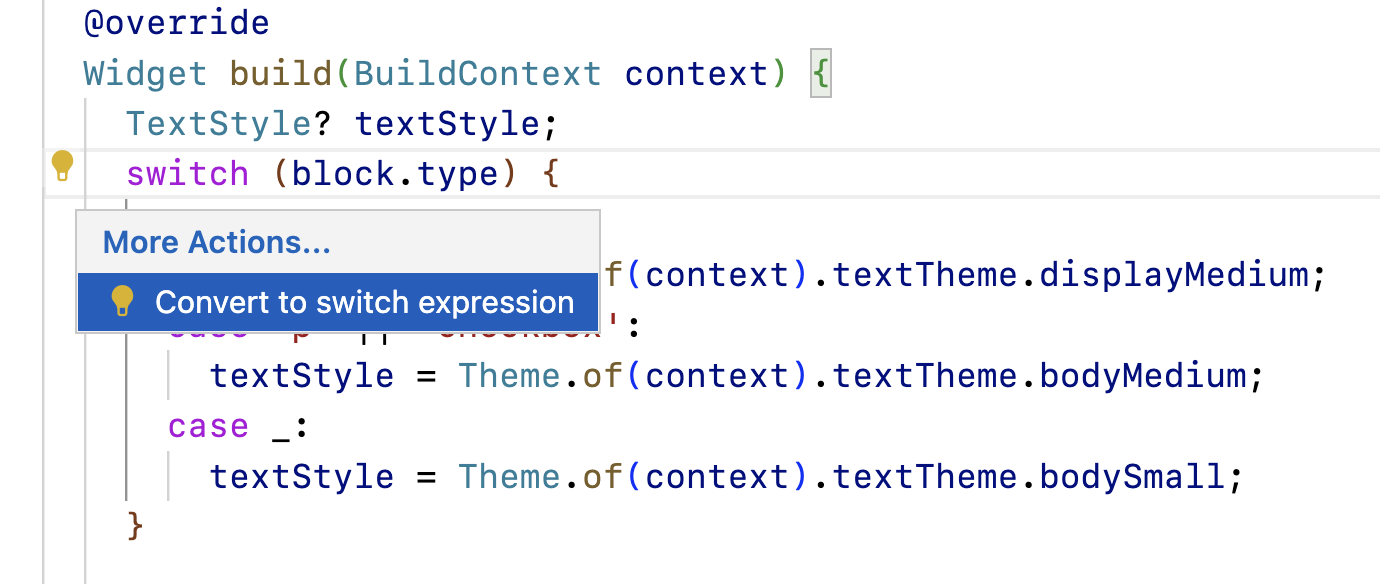 Uma captura de tela da assistência "convert to switch expression" disponível em VS Code.