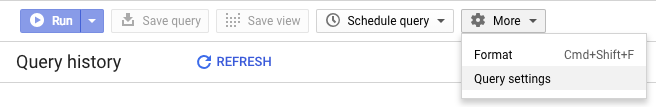 BigQuery वेब यूज़र इंटरफ़ेस (यूआई) में &#39;ज़्यादा&#39; ड्रॉप-डाउन मेन्यू, जिसमें क्वेरी सेटिंग का विकल्प चुना गया है