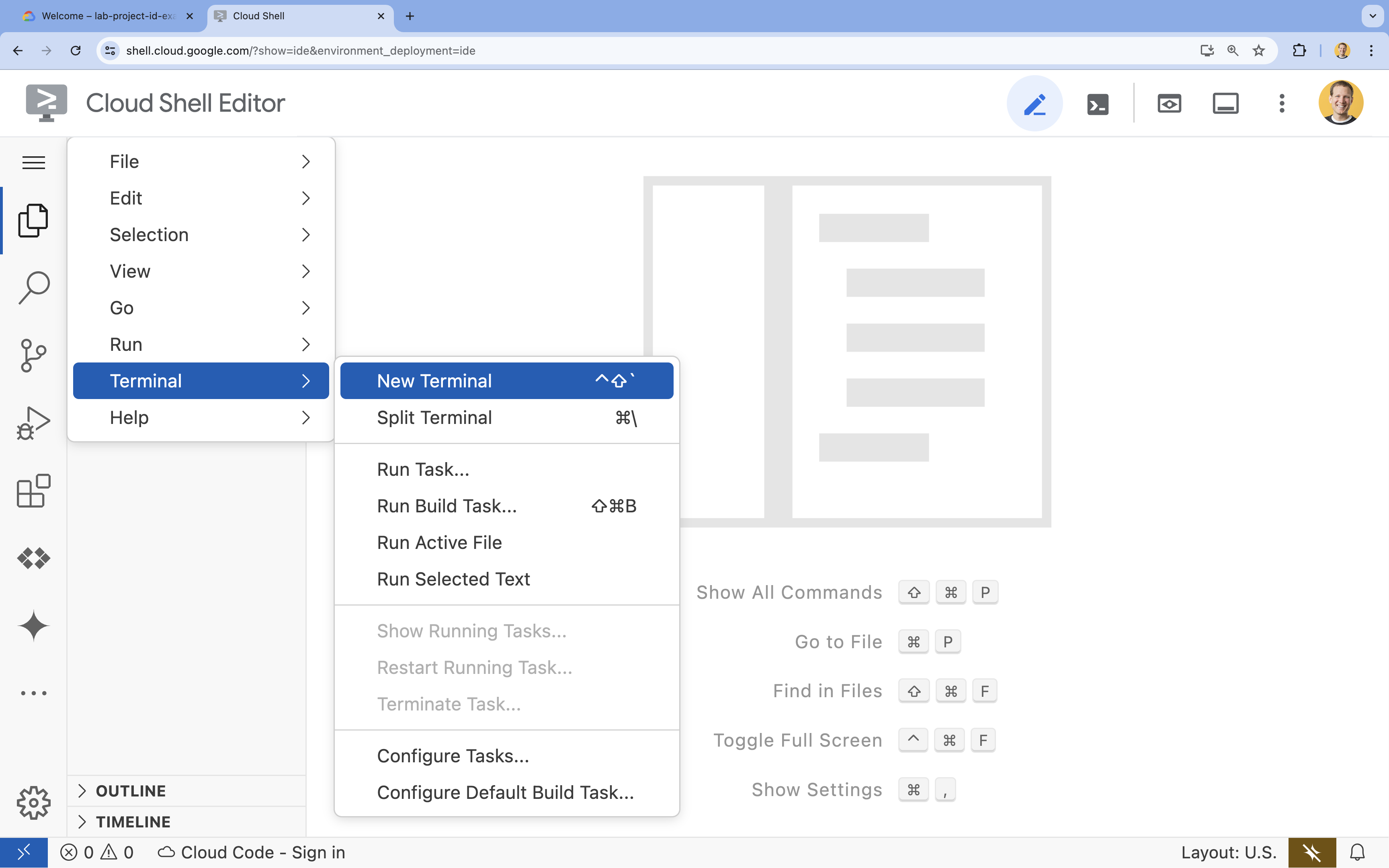 Membuka terminal baru di Cloud Shell Editor