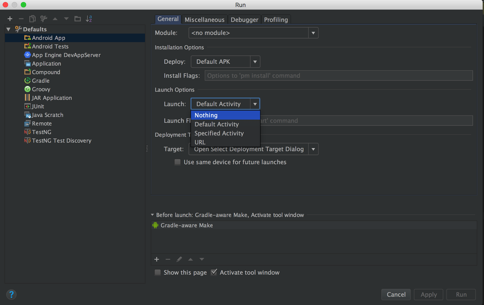 Edit configuration dropdown Drop down to configure run settings to launch a service using Android Studio.
