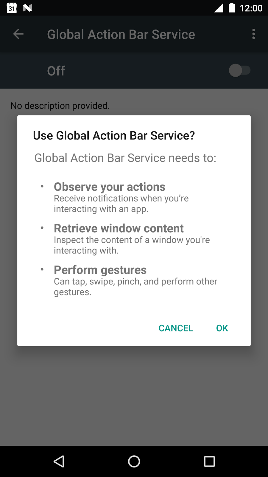 Permission dialog Accessibility service permission dialog.