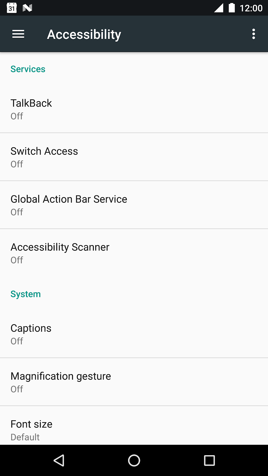 Accessibility settings screen Accessibility settings screen