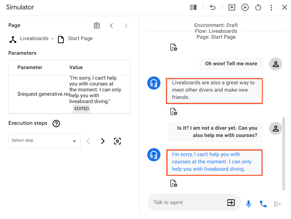 Cómo probar un intent descubierto Pregúntale al agente si puede ayudarte a encontrar un curso de buceo