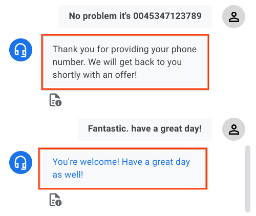 Ripeti il test del percorso soddisfacente dopo aver abilitato il fallback generativo Ripeti il test dello scenario felice e sii creativo nel dialogo