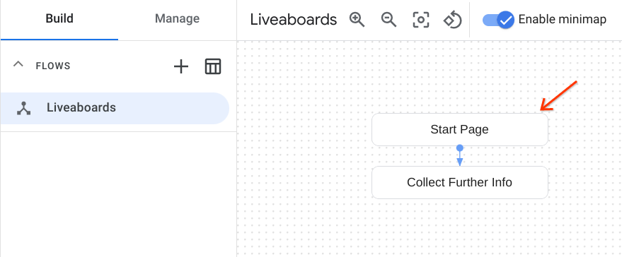 শুরু পাতা Switch to the Build tab and open the Start Page of the Liveaboards flow.