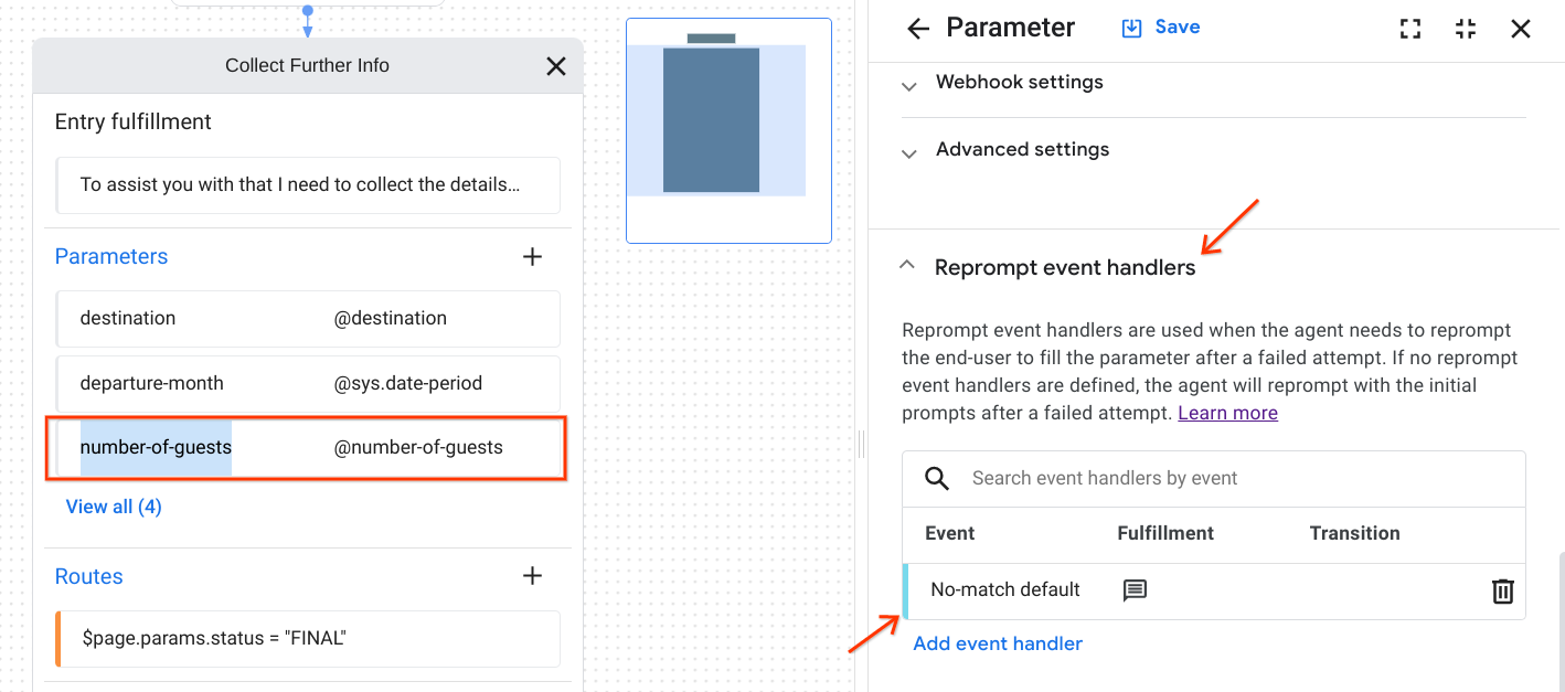 Navegue até o manipulador de eventos &quot;Sem correspondência&quot; de destino (role para baixo até a seção &quot;Manipuladores de eventos &quot;Reprompt&quot; e clique no manipulador de eventos padrão &quot;Sem correspondência&quot;)