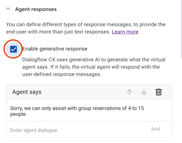 เปิดใช้ Generativeโฆษณาสำรอง ในพารามิเตอร์ number-of-guest