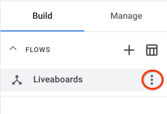 Liveaboards ফ্লো সেটিংস অ্যাক্সেস করুন Access the flow settings by hovering your mouse over the flow in the Flows section.