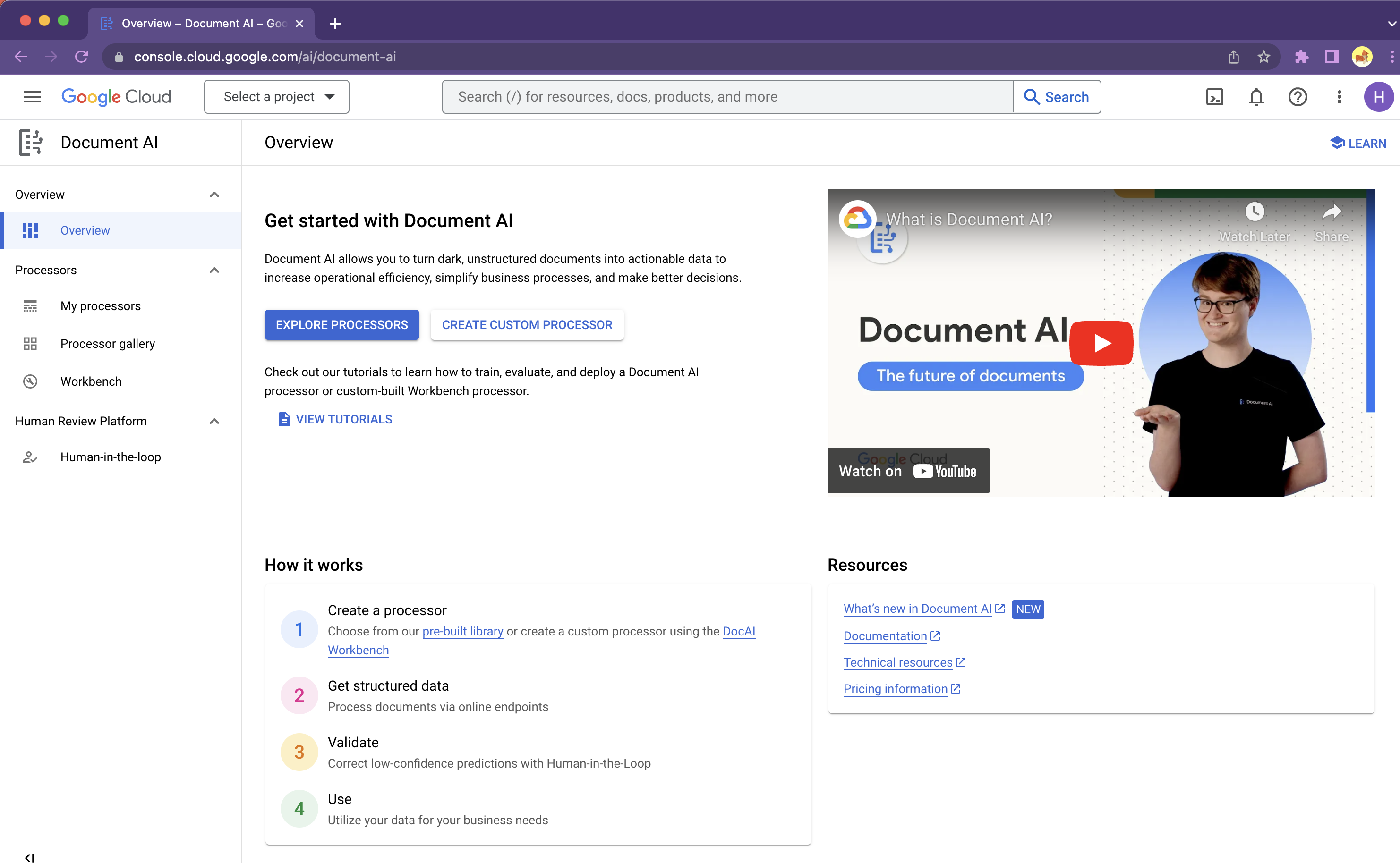 Console panoramica Document AI