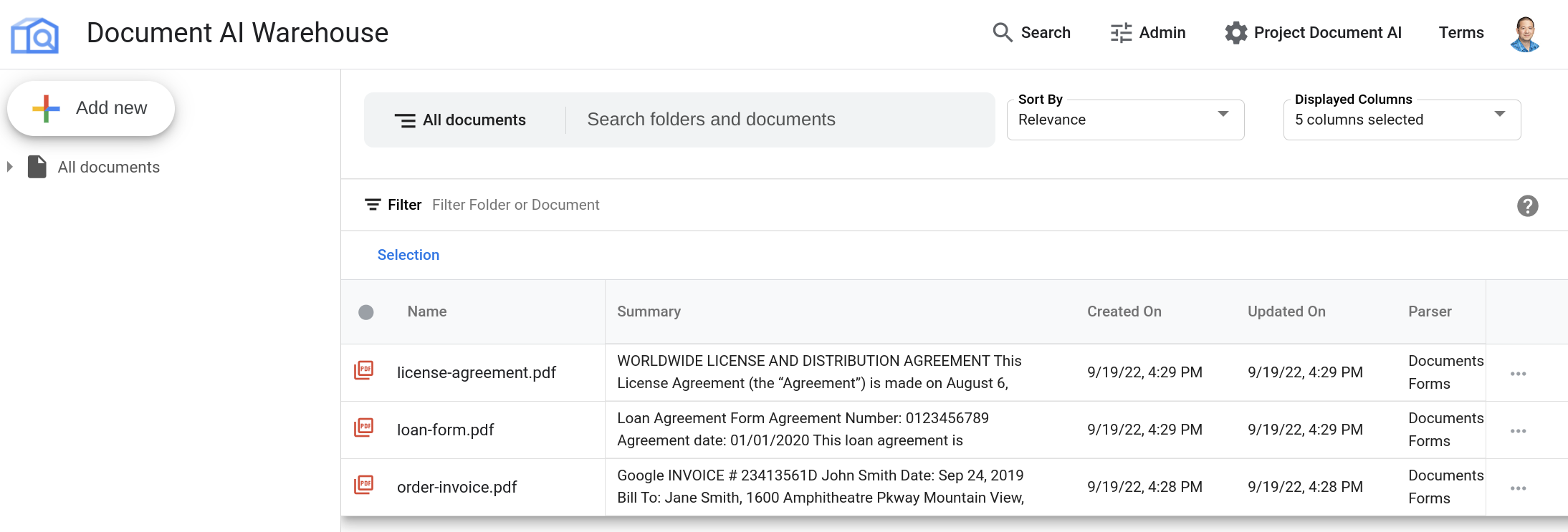 เอกสารที่ประมวลผลใน Document AI Warehouse