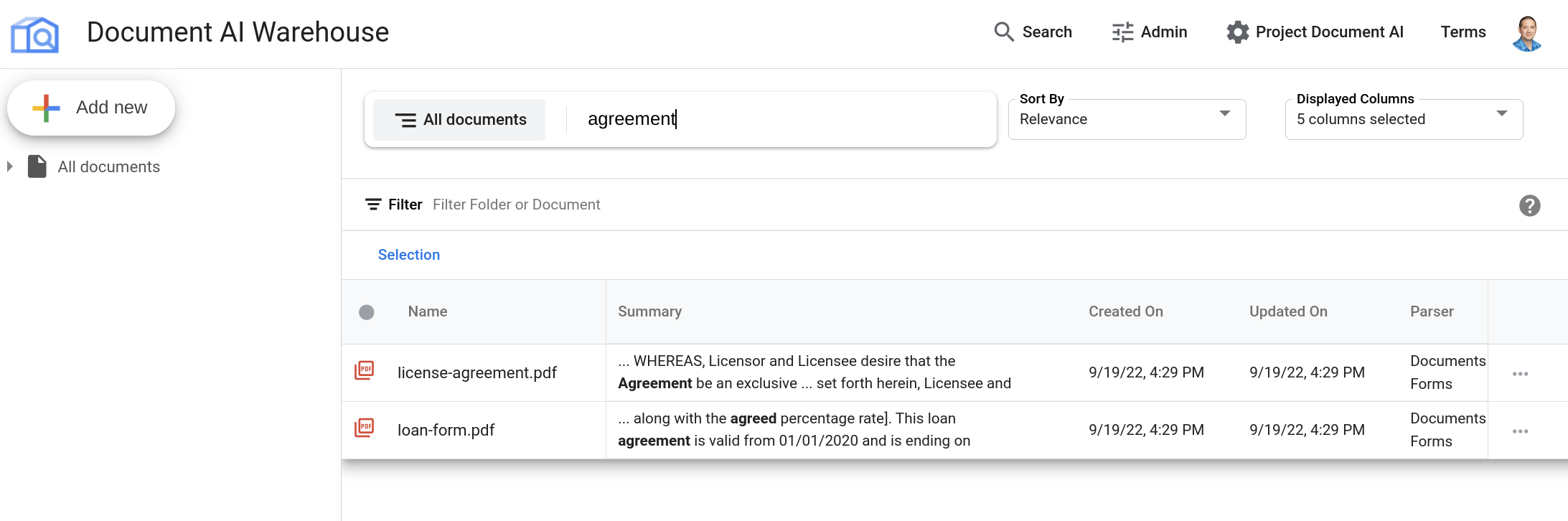 Resultados de la búsqueda en Document AI Warehouse