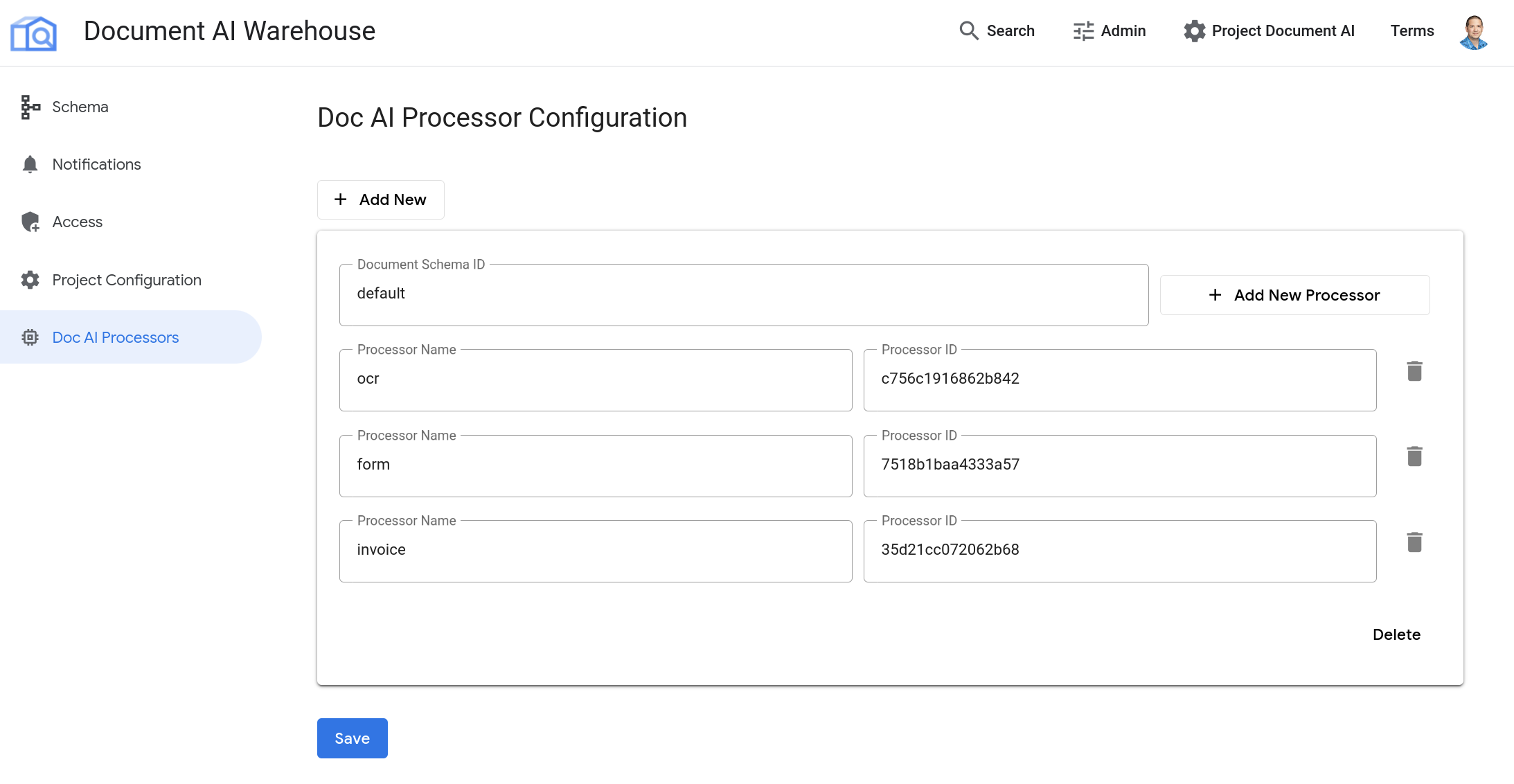 Document AI ウェアハウスのドキュメント プロセッサ