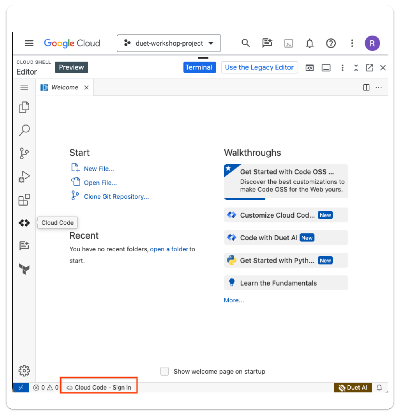 Botón de acceso para Cloud Code