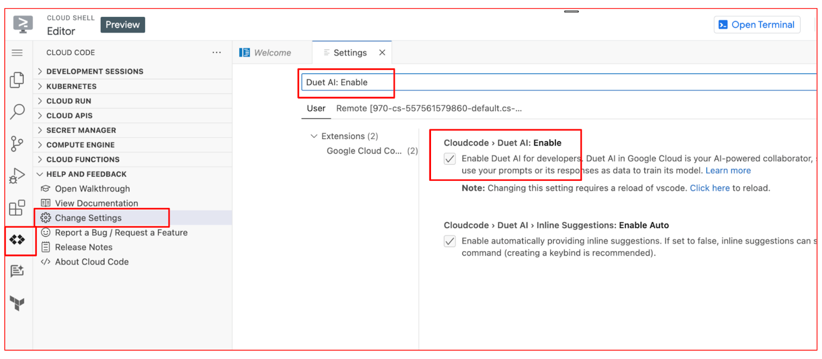 Abilita l&#39;impostazione Duet nell&#39;editor di Cloud Shell