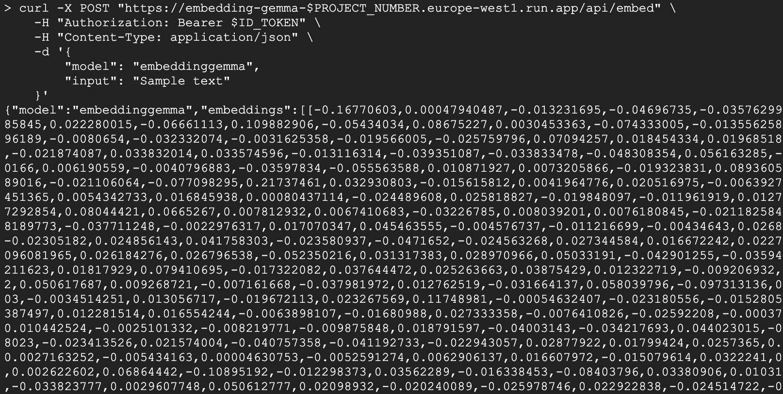 Curl-Ausgabe für EmbeddingGemma