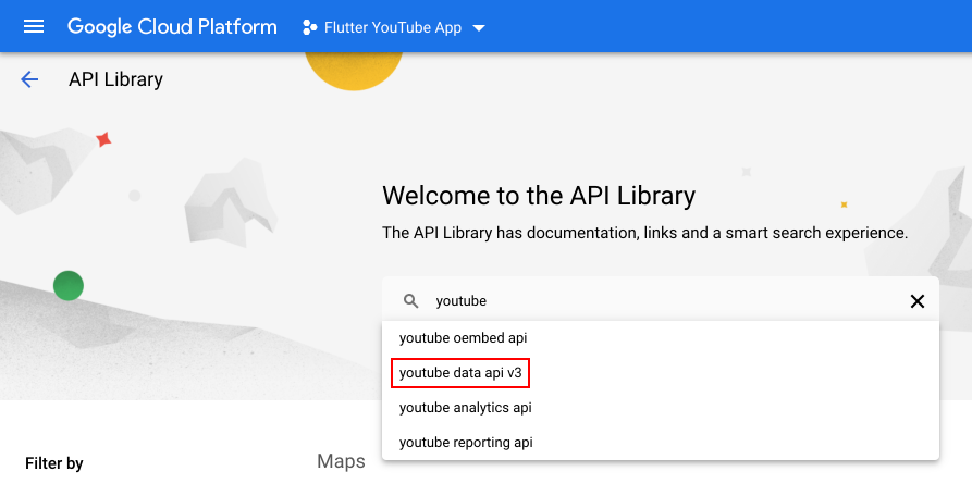 การเลือก YouTube Data API v3 ในคอนโซล GCP