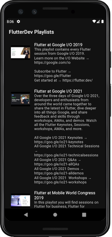 แอปที่แสดงเพลย์ลิสต์สำหรับบัญชี YouTube ของ FlutterDev