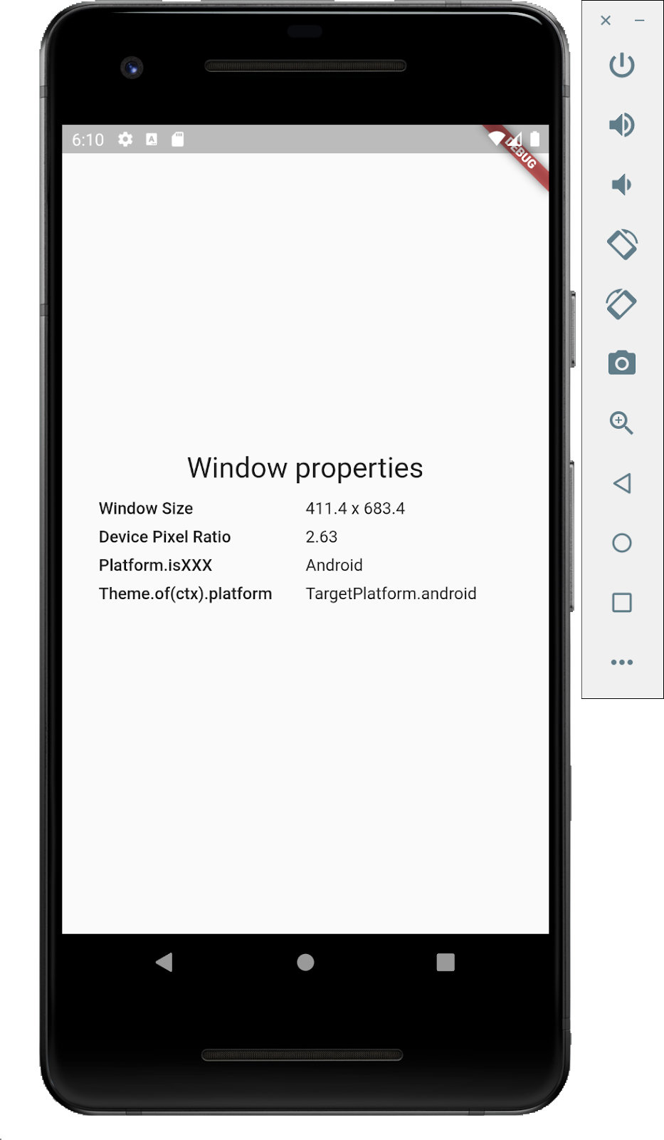 Showing window properties on Android emulator